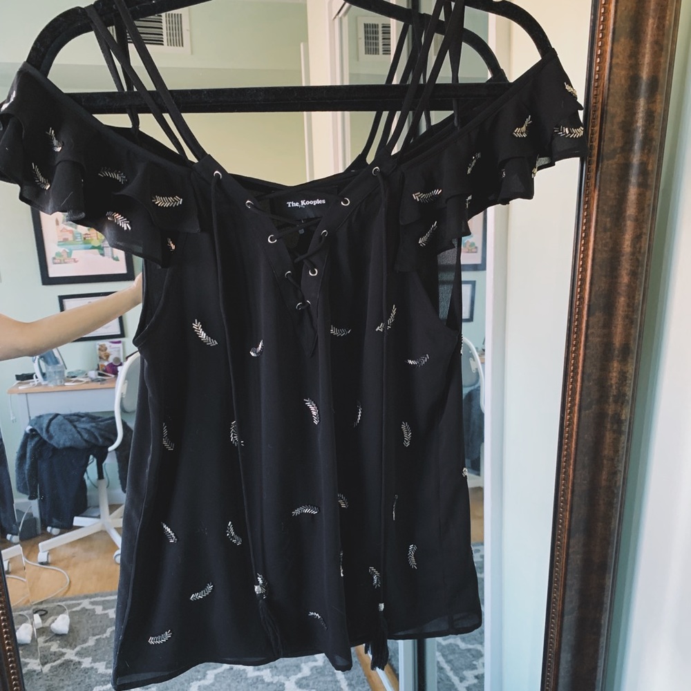 The Kooples sz small black silk cold shoulder top